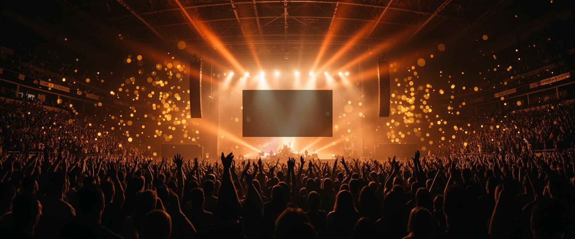 Concert arena with warm amber lights and fans